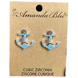 AMANDA BLU Silver Anchor Earrings Posts Blue Cubic Zirconia CZ Studs NEW